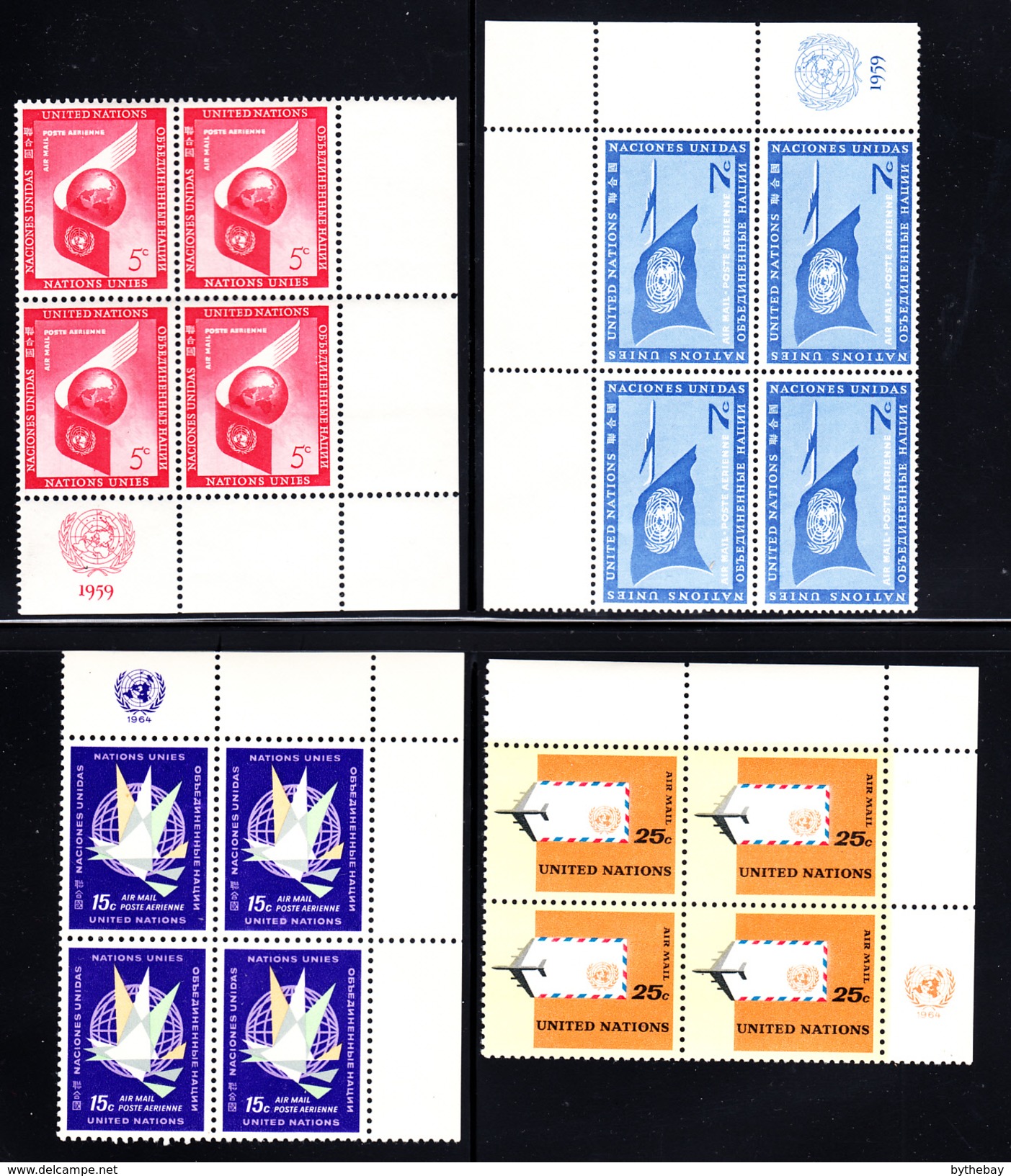 United Nations NY MNH 1957-1977 Collection Of 15 Different Airmails In Corner Blocks Of 4 - Luftpost