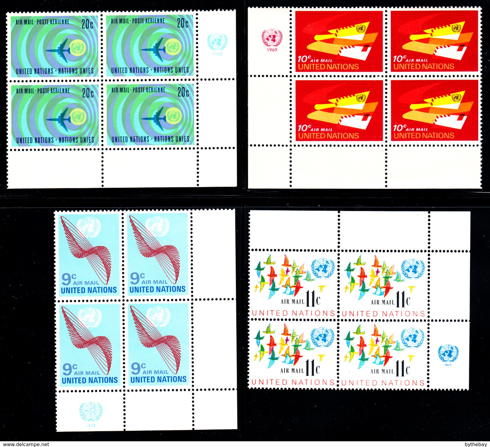 United Nations NY MNH 1957-1977 Collection Of 15 Different Airmails In Corner Blocks Of 4 - Luftpost