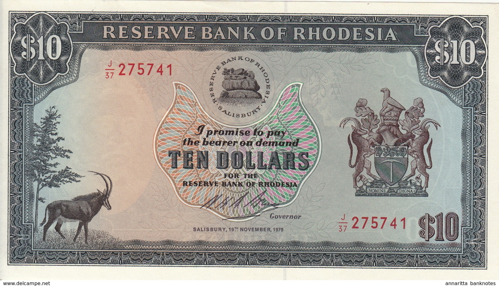 *  RHODESIA 10 DOLLARS 19.11.1975 P-33b UNC [RHO110h] - Rhodesia