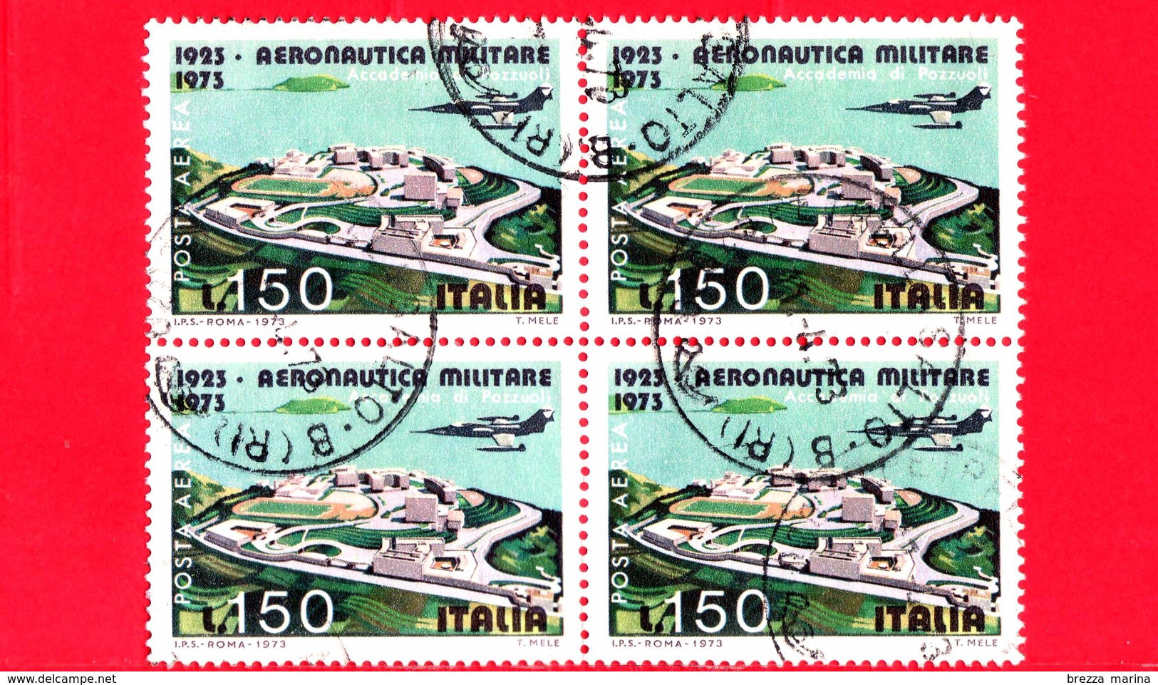 ITALIA - Usato - 1973 - 50 Anni Dell´aeronautica Militare - POSTA AEREA - 150 L. &bull; Accademia Di Pozzuoli - Quartina - Posta Aerea