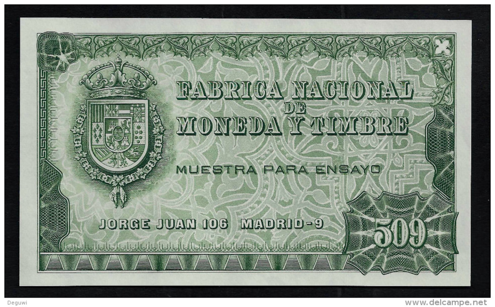 Test Note "FABRICA NACIONAL  509 Units", Grün, INTAGLIO, Trial, Essay, Eins.  Druck, RRRR, UNC,  150 X 92 Mm - Sonstige & Ohne Zuordnung