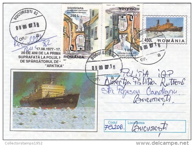 54865- ARKTIKA ICEBREAKER, FIRST SHIP AT NORTH POLE, REGISTERED COVER STATIONERY, 1997, ROMANIA - Polar Ships & Icebreakers