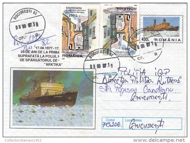 54865- ARKTIKA ICEBREAKER, FIRST SHIP AT NORTH POLE, REGISTERED COVER STATIONERY, 1997, ROMANIA - Navires & Brise-glace