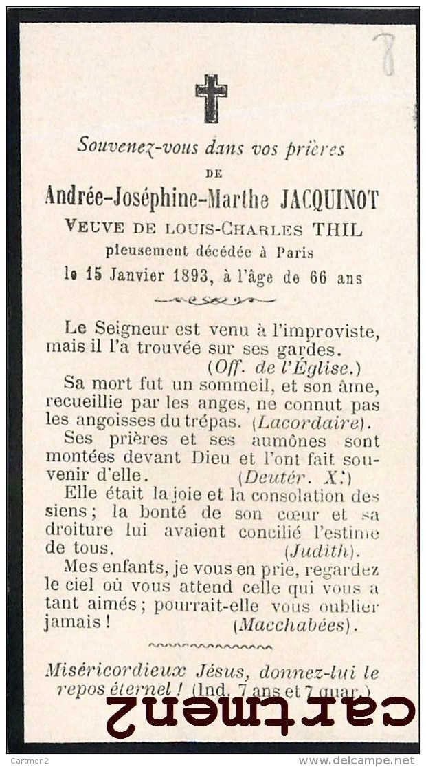 FAIRE-PART DE DECES ANDREE-JOSEPHINE-MARTHE JACQUINOT VEUVE LOUIS CHARLES THIL DECEDEE A PARIS L. LESORT - Décès
