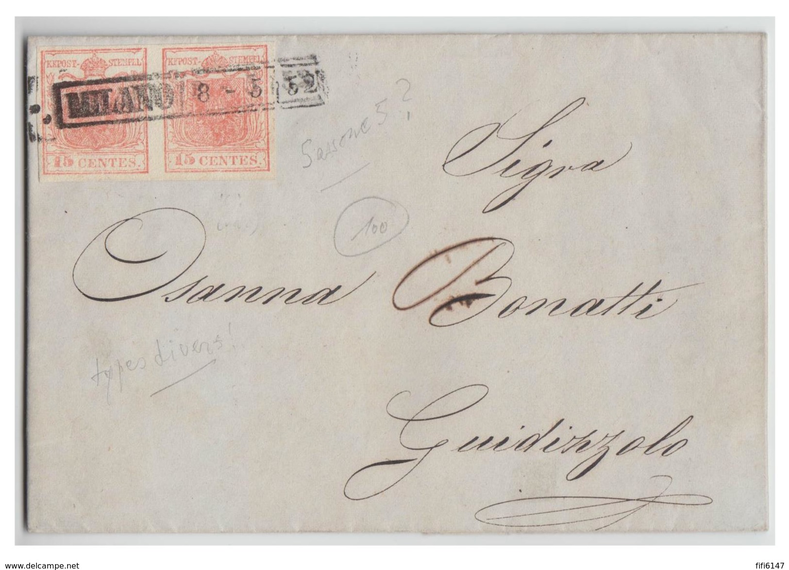 ITALIE--LOMBARDO-VENETIE --  1852 -- LETTRE DE MILAN POUR GUIDIZOLO  -- - Lombardo-Vénétie