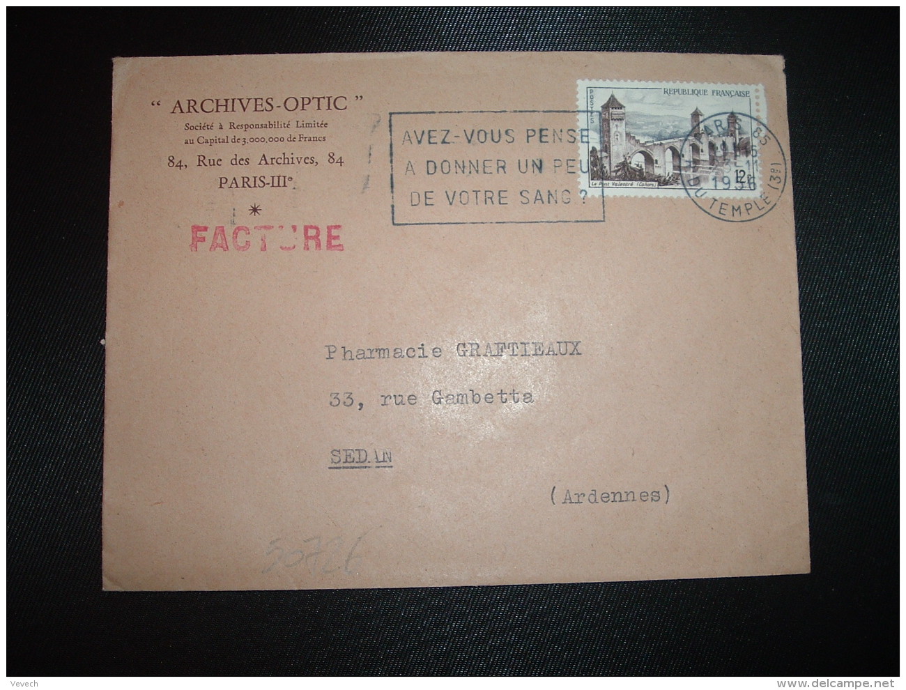 LETTRE TP CAHORS 12F OBL.MEC.23-11-1956 PARIS 85 + ARCHIVES OPTIC - Other & Unclassified