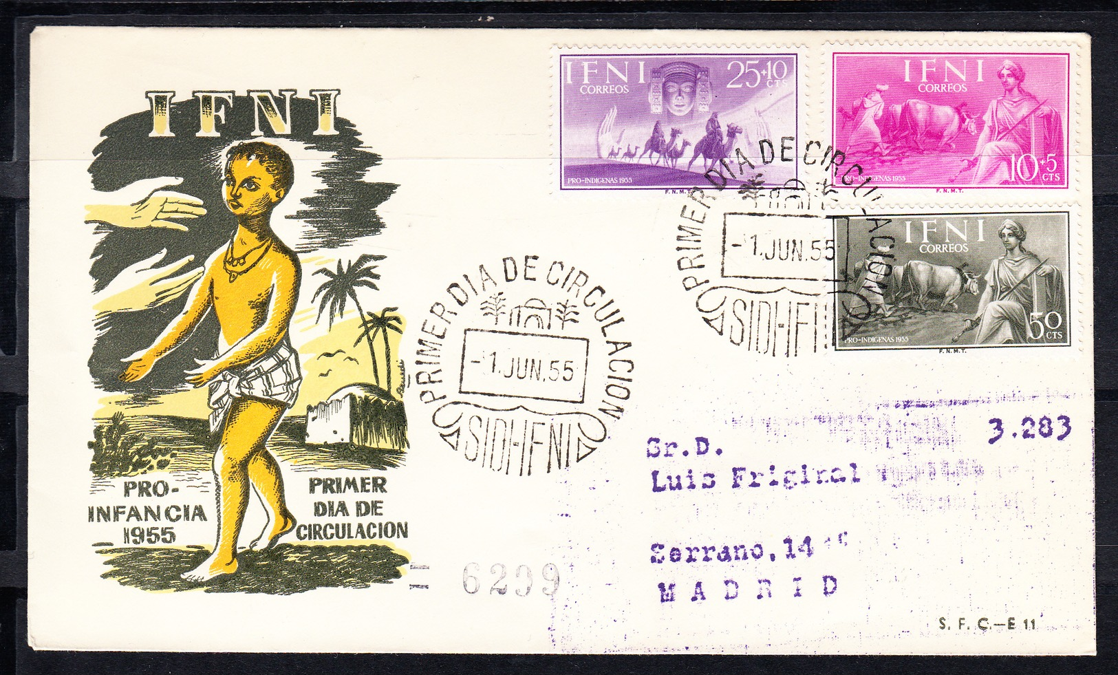 IFNI 1954 FDC  SOBRE 1er DIA. PRO INDIGENAS   EDIFIL Nº 122/124.  CN1152 - Ifni