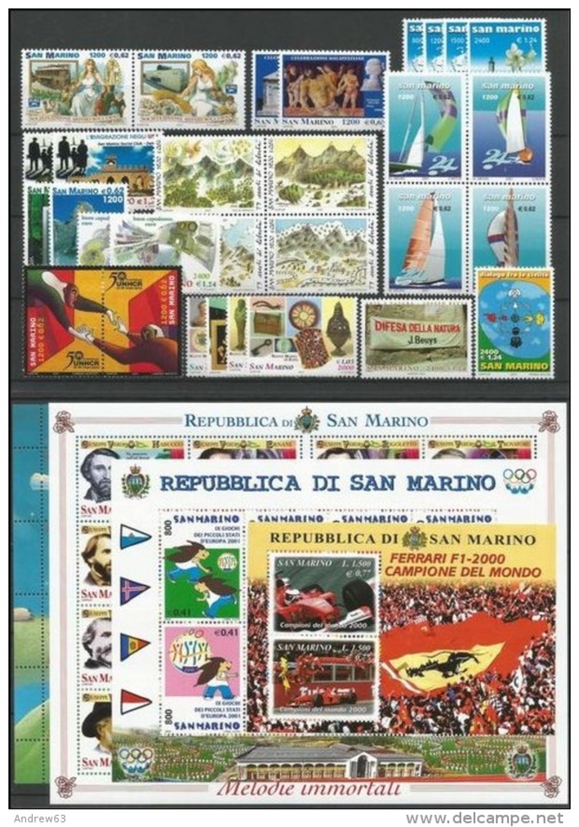 SAN MARINO - 2001 - Annata Completa - 30 Valori + 4 BF - Year Complete ** MNH/VF - Annate Complete