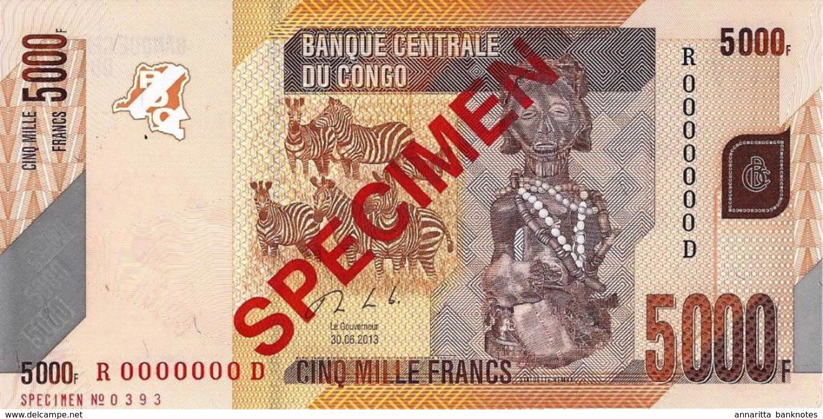 CONGO DEMOCRATIC REPUBLIC 5000 FRANCS 2013 P-102s UNC SPECIMEN NO. 0393 [CD324bs] - Democratic Republic Of The Congo & Zaire