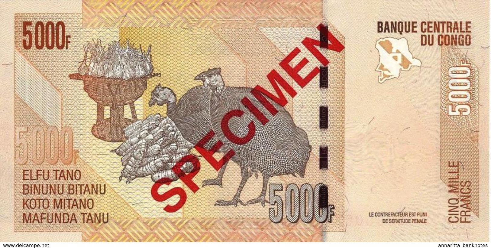 CONGO DEMOCRATIC REPUBLIC 5000 FRANCS 2013 P-102s UNC SPECIMEN NO. 0393 [CD324bs] - Democratic Republic Of The Congo & Zaire