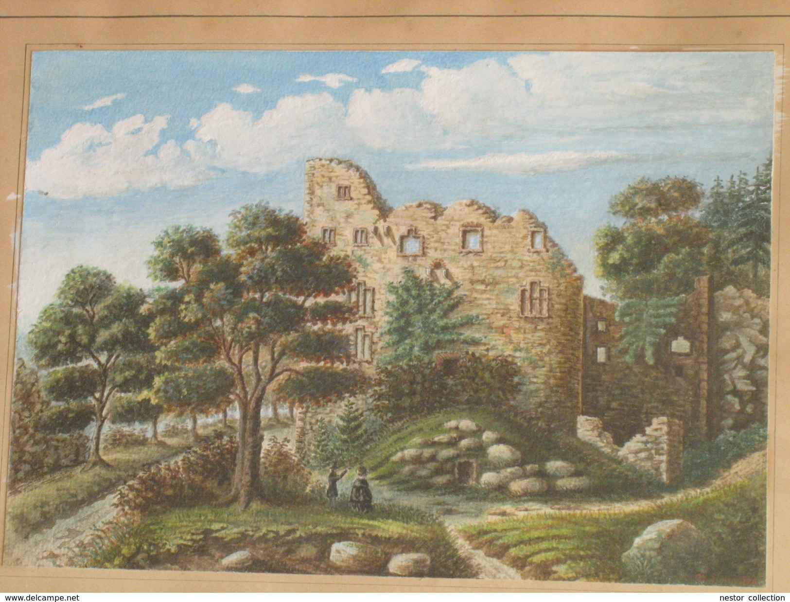 Aquarelle Gouache 1856 Ch Simon Ancienne Ruines De Baden Baden 19è Rare Cadre - Estampas