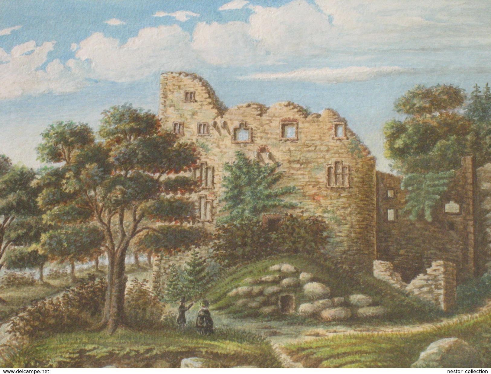 Aquarelle Gouache 1856 Ch Simon Ancienne Ruines De Baden Baden 19è Rare Cadre - Gouaches