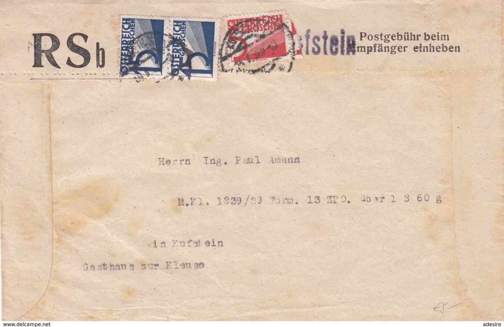 ÖSTERREICH NACHPORTO 1935? - 5 + 2x15 Gro Nachporto Auf Rsb-Brief Gel.v. ? > Kufstein - Portomarken