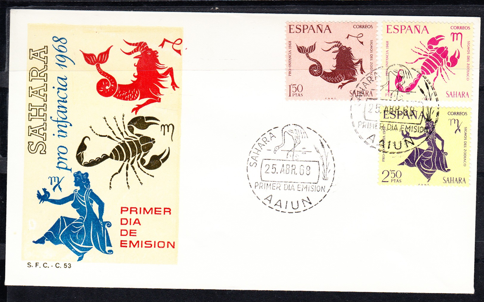 SAHARA  1968. FDC  SOBRE 1er DIA .PRO INFANCIA: SIGNOS DEL ZODIACO . EDIFIL Nº 265/267    CN1209 - Carlistas