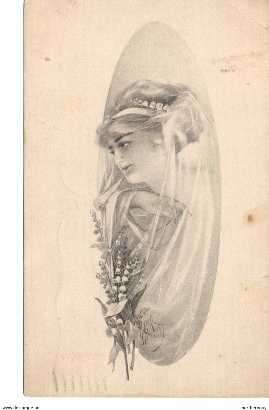 Pretty Woman, Fancy Dress, Lillies Of The Valley Flowers,  B&W 1911 Postcard, USA - Moda