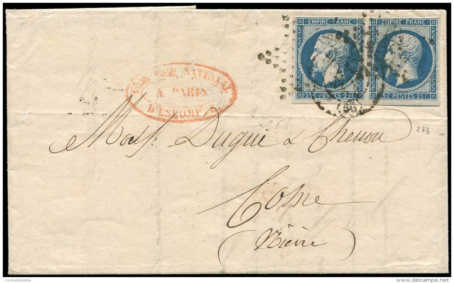 15   25c. Bleu, PAIRE Obl. ETOILE Et C&agrave;d PARIS 21/5/54 Sur LAC, Arr. COSNE 23/5/54, TB - Other & Unclassified