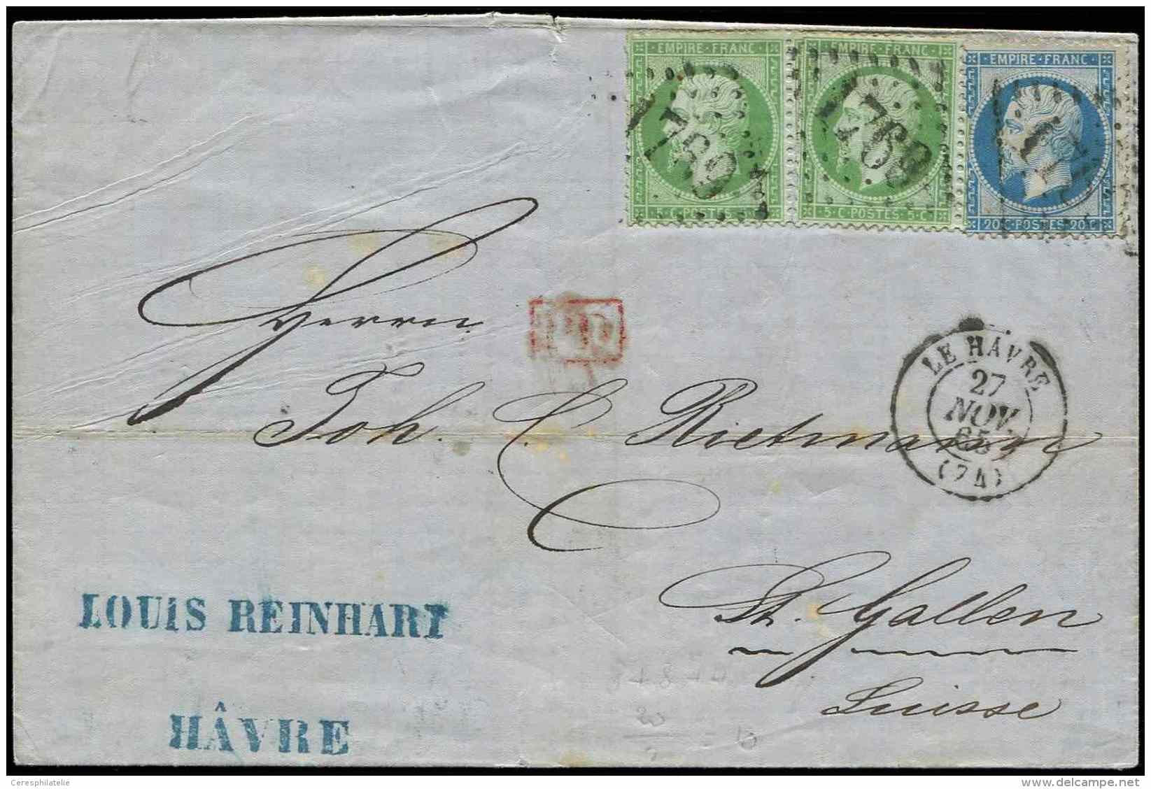 20    5c. Vert (2) + N&deg;22 20c. Bleu Obl. GC 1769 S. LAC, C&agrave;d LE HAVRE 27/11/65, Arr. St GALLEN Le 29/11, TB - Other & Unclassified