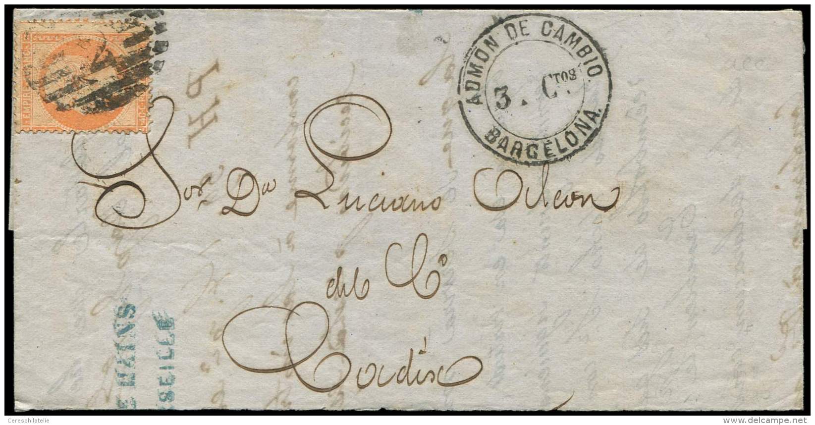 23   40c. Orange, Obl. 2 Sur Partie De LAC De 1854, C&agrave;d ADMON DE CAMBIO/BARCELONA 3 Ctos, TB - Altri & Non Classificati