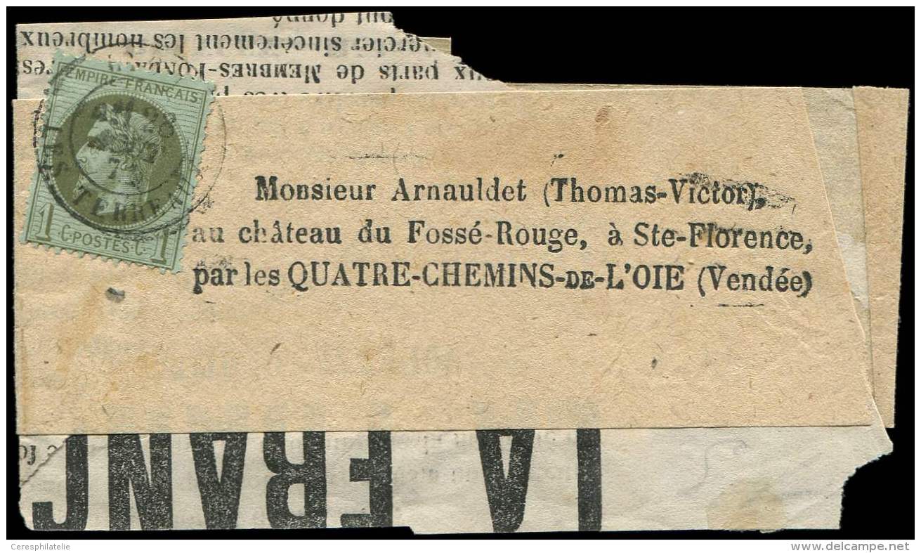 25    1c. Olive Obl. C&agrave;d LYON 28/8/( ) S. Bande Et Fragment De Journal, TB - Other & Unclassified