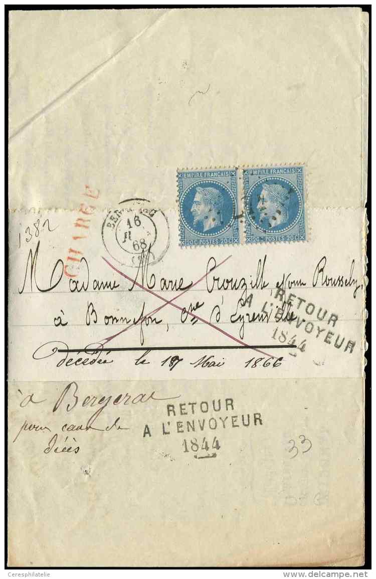 29A  20c. Bleu, T I, PAIRE Obl. GC 447 S. Bande Avec Imprim&eacute; CHARGE, C&agrave;d BERGERAC 16/7/68 + Retour 1844, T - Altri & Non Classificati