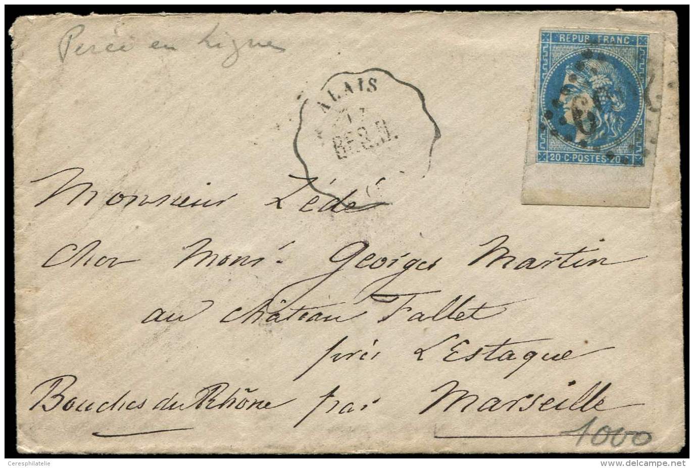 46B  20c. Bleu, T III R II, PERCE En LIGNES, Bdf, Obl. GC S. Env., Cachet Conv. St. ALAIS/BES.N., TB - Altri & Non Classificati