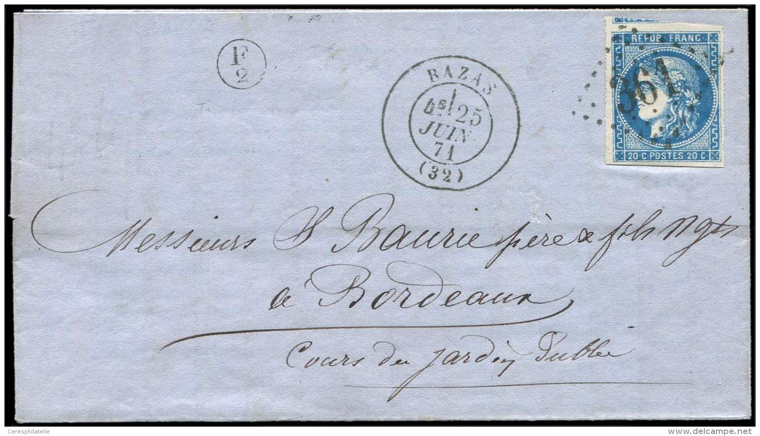 46Ba 20c. Bleu Fonc&eacute;, T III, R II, Obl. GC 361 S. LAC, C&agrave;d T17 BAZAS 25/6/71 Et Cachet De Boite F/2, TTB - Altri & Non Classificati