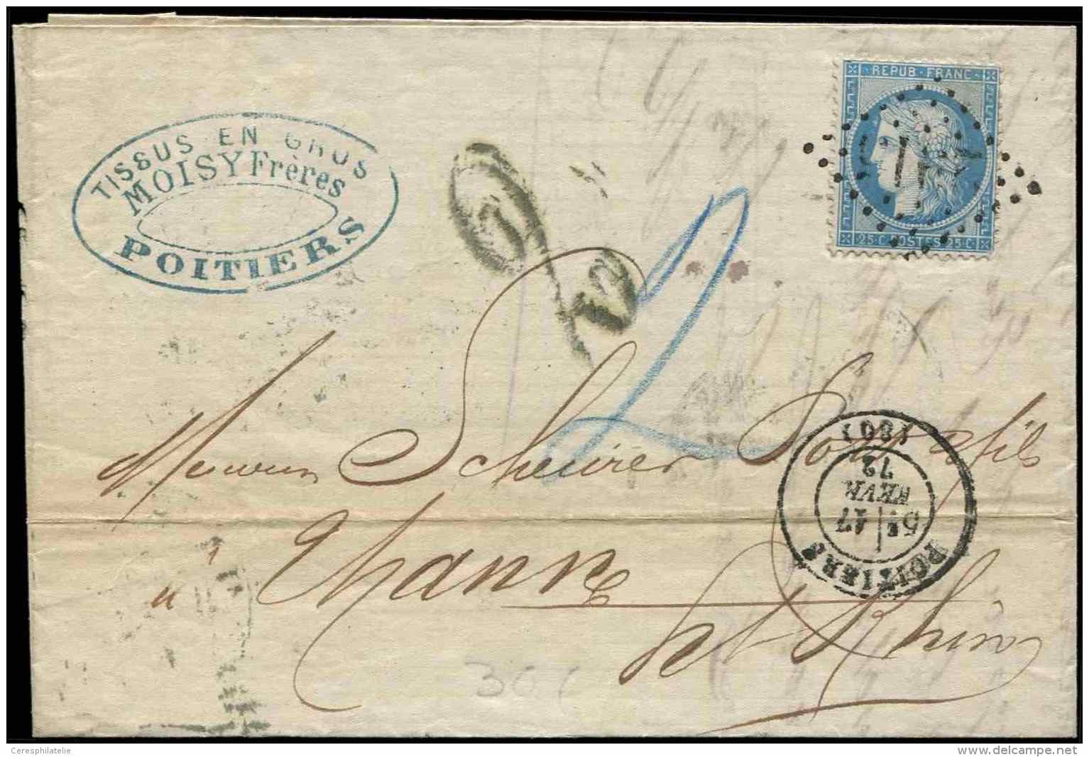 60A  25c. Bleu, T I, D&eacute;fx, Obl. GC 2915 S. LAC, Taxe 2 Au Crayon Et Taxe Allemande 2, Arr. THANN Le 19/2, TB - Other & Unclassified