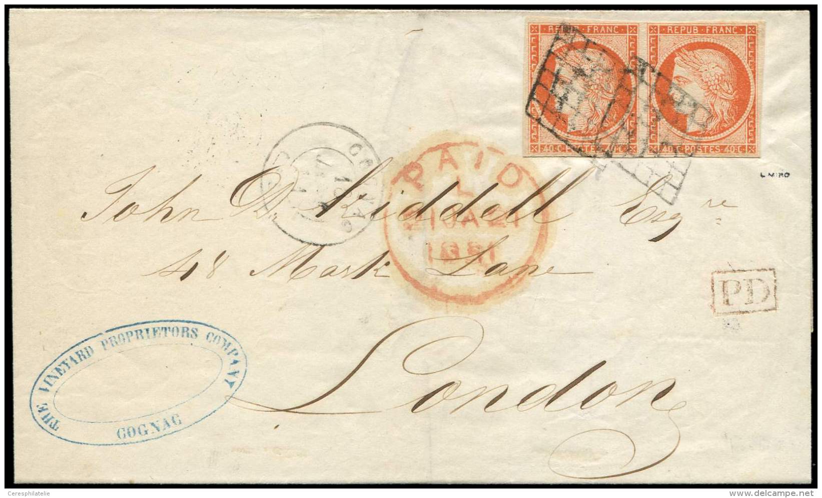 5    40c. Orange, PAIRE Obl. GRILLE S. LSC, C&agrave;d T15 COGNAC 18/1/51, Arr. LONDON 21/1, TTB. M - Altri & Non Classificati