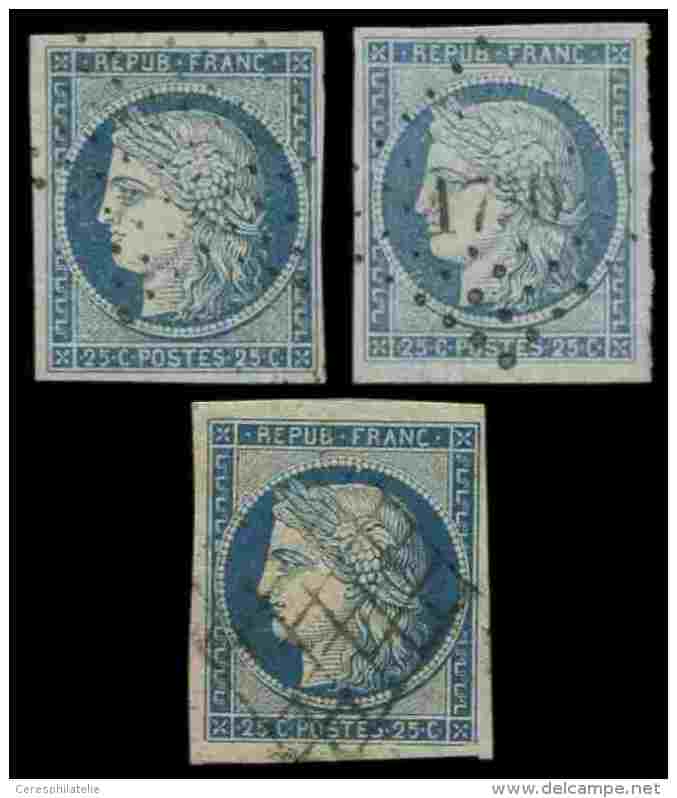 4    25c. Bleu, 3 Ex. Obl. Grille, PC 1730 Et Etoile, TB - Autres & Non Classés