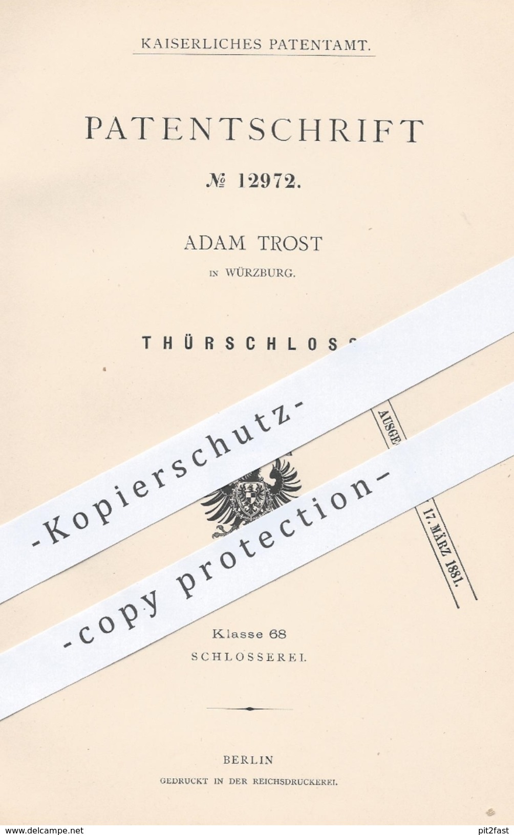 Original Patent - Adam Trost , Würzburg , 1880 , Türschloss | Schloss , Tür , Türen , Schlosser , Schlosserei !!! - Historische Dokumente