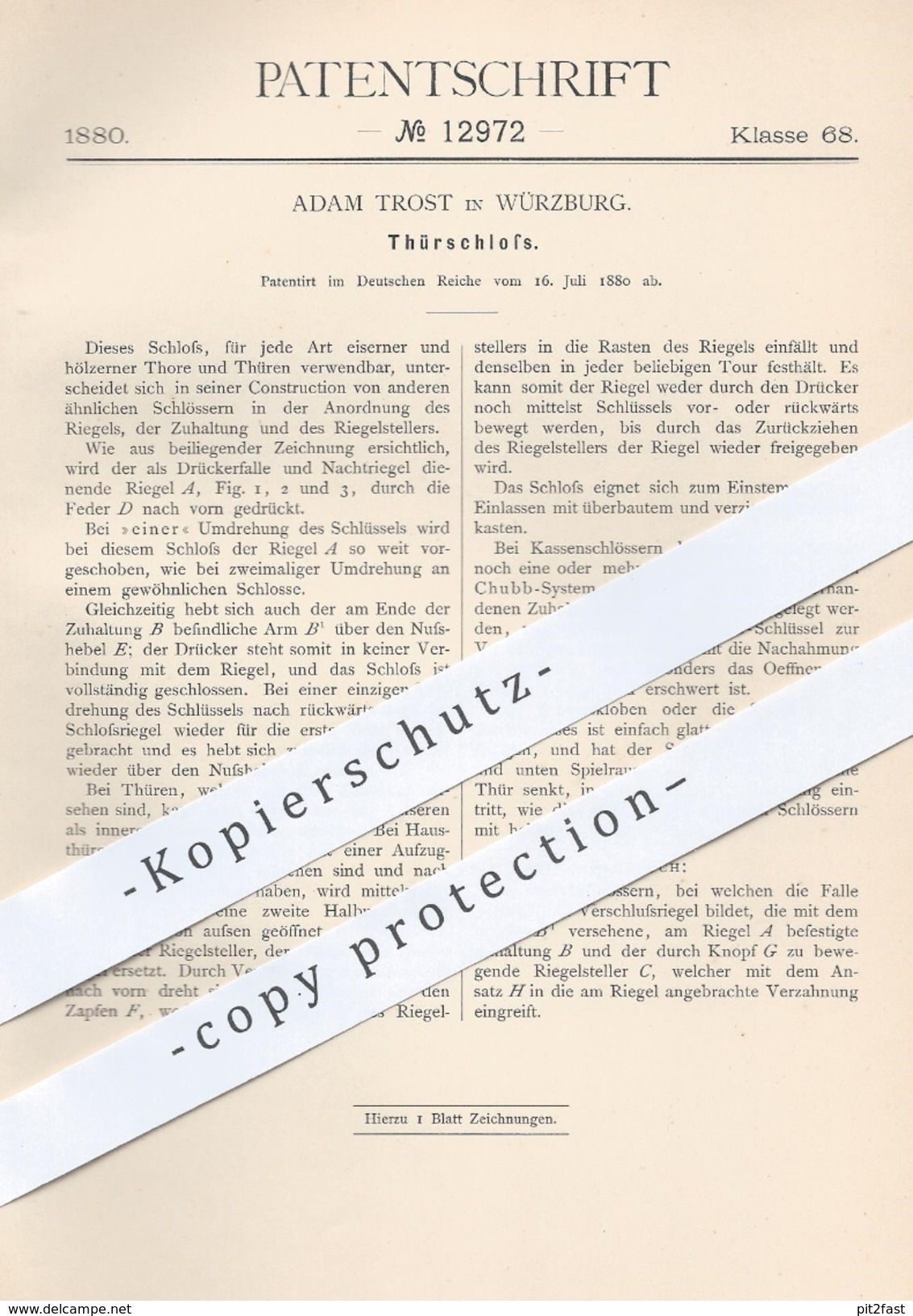 Original Patent - Adam Trost , Würzburg , 1880 , Türschloss | Schloss , Tür , Türen , Schlosser , Schlosserei !!! - Historische Dokumente