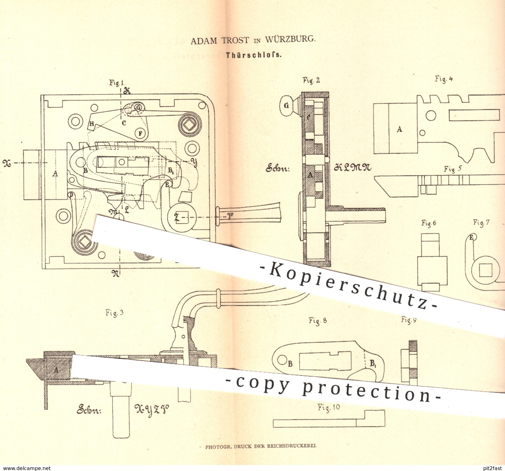 Original Patent - Adam Trost , Würzburg , 1880 , Türschloss | Schloss , Tür , Türen , Schlosser , Schlosserei !!! - Historische Dokumente