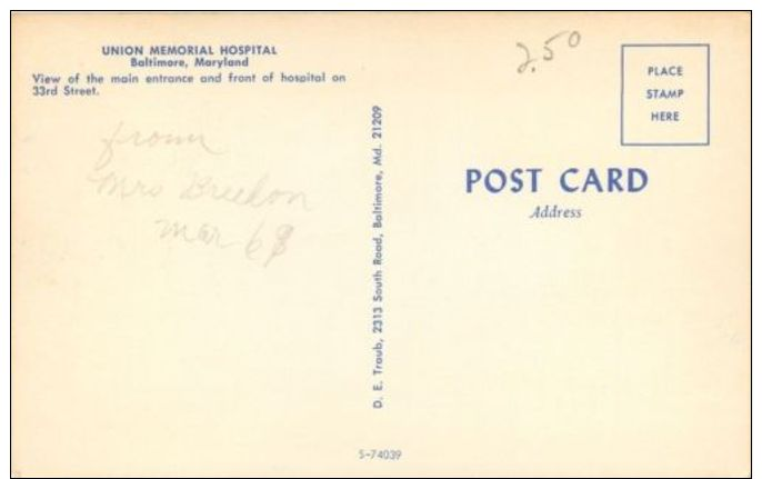 Baltimore Maryland~Union Memorial Hospital~1960s Postcard - Altri & Non Classificati