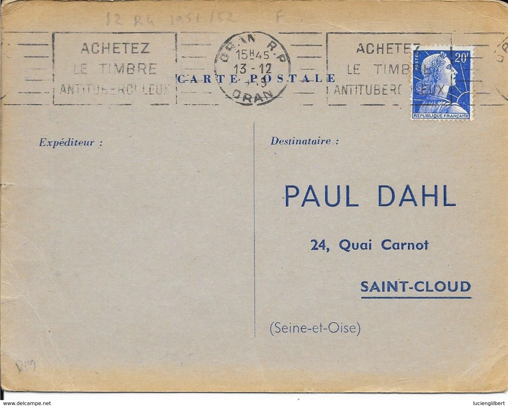 ALGERIE  -  ORAN RP  - FLAMME N° 12 R 4  ACHETEZ / LE TIMBRE / ANTITUBERCULEUX    1958 - TIMBRE FRANCAIS - Lettres & Documents