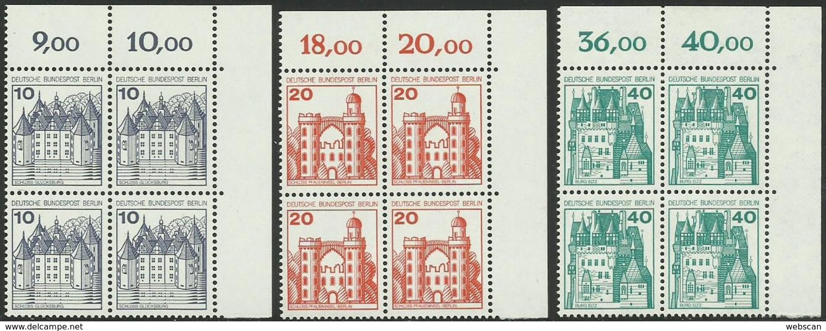 Berlin Burgen & Schlösser Eckrandviererblocks 10+20+40 Pfg 1977 Xx - Unused Stamps