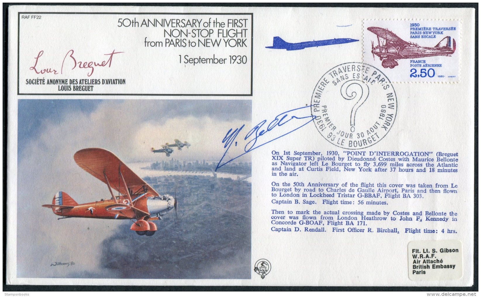 1980 France RAF FF22 Flight Paris - New York Concorde Signed Cover - Concorde