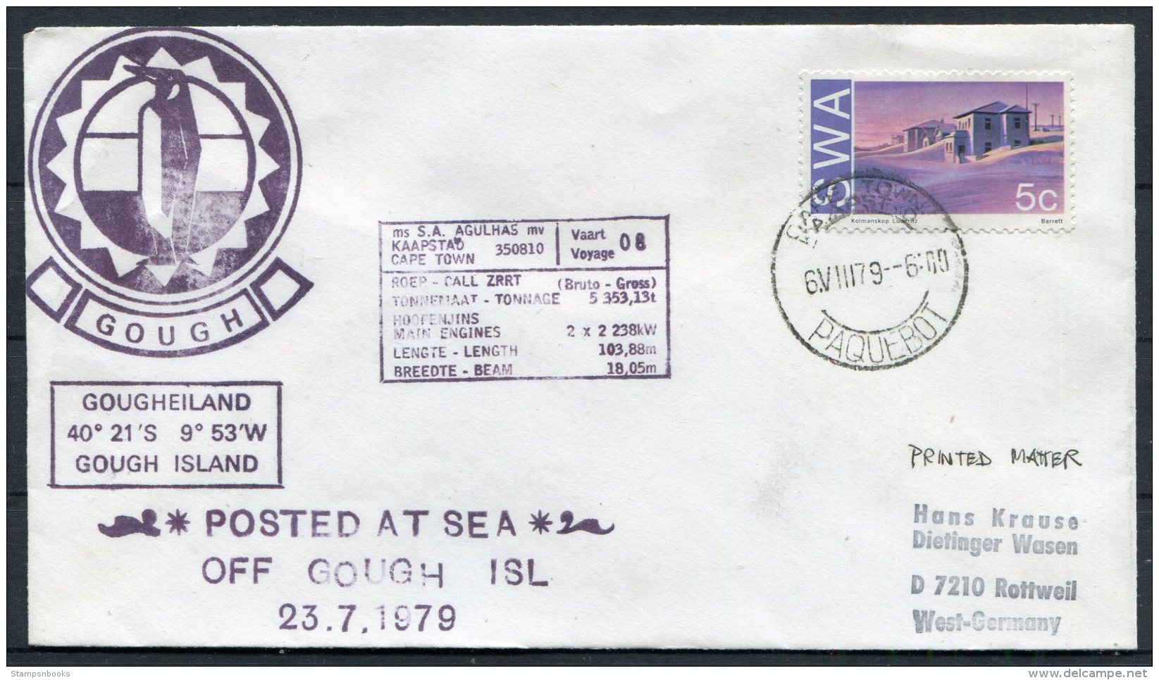 1979 South West Africa, SWA Cape Town Paquebot Polar Ship Cover. Gough Island Penguin - Polar Ships & Icebreakers