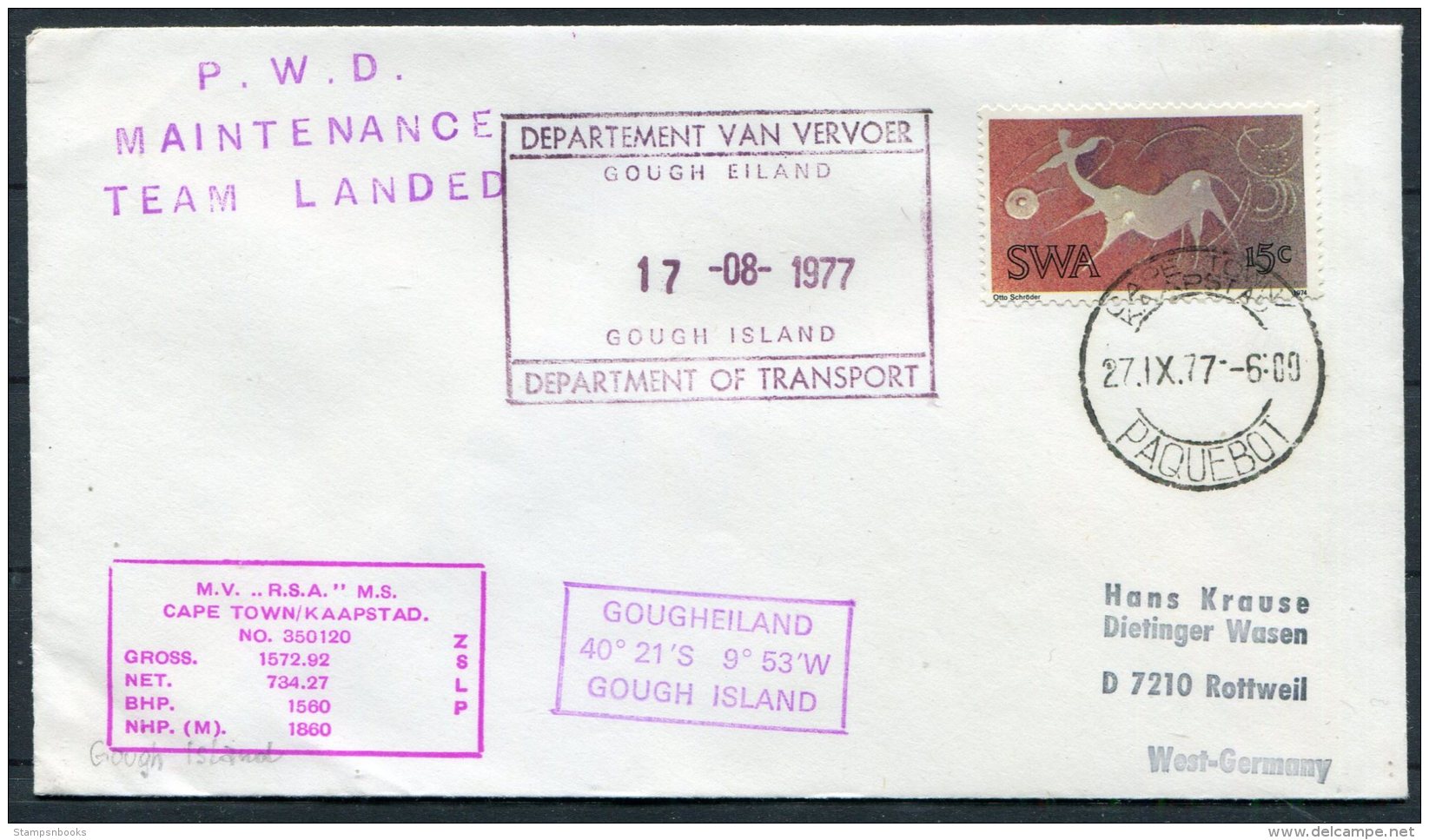 1977 South West Africa, SWA Cape Town Paquebot Polar Ship Cover. Gough Island - Polar Ships & Icebreakers