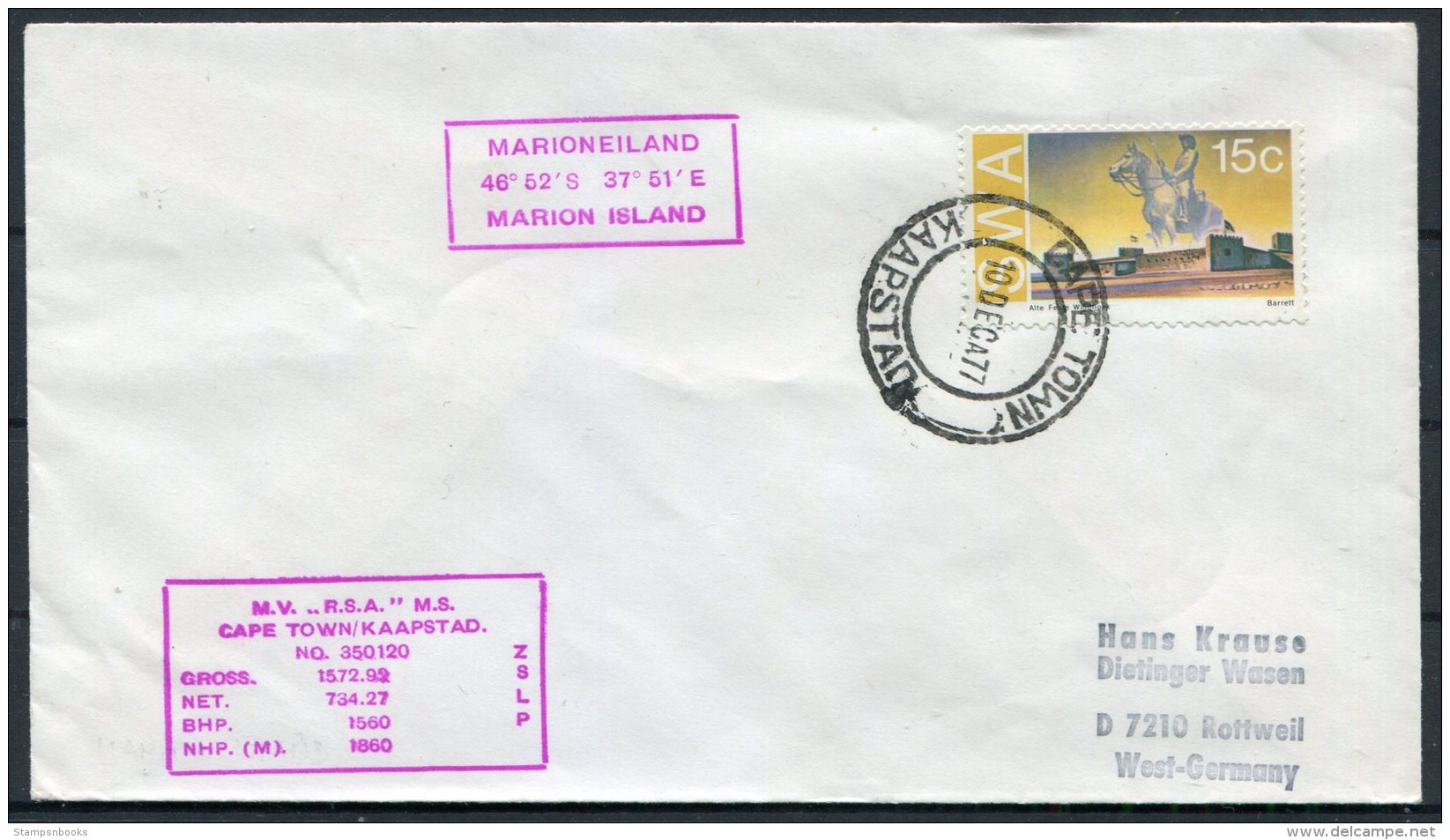 1977 South West Africa, SWA Cape Town Ship Cover. Marion Island - Polar Ships & Icebreakers