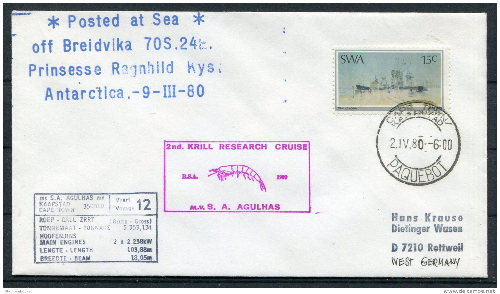 1980 SWA South West Africa Cape Town Paquebot Ship Cover. Antarctica Krill Research Agulhas Breidvika Ragnhild - Polar Ships & Icebreakers