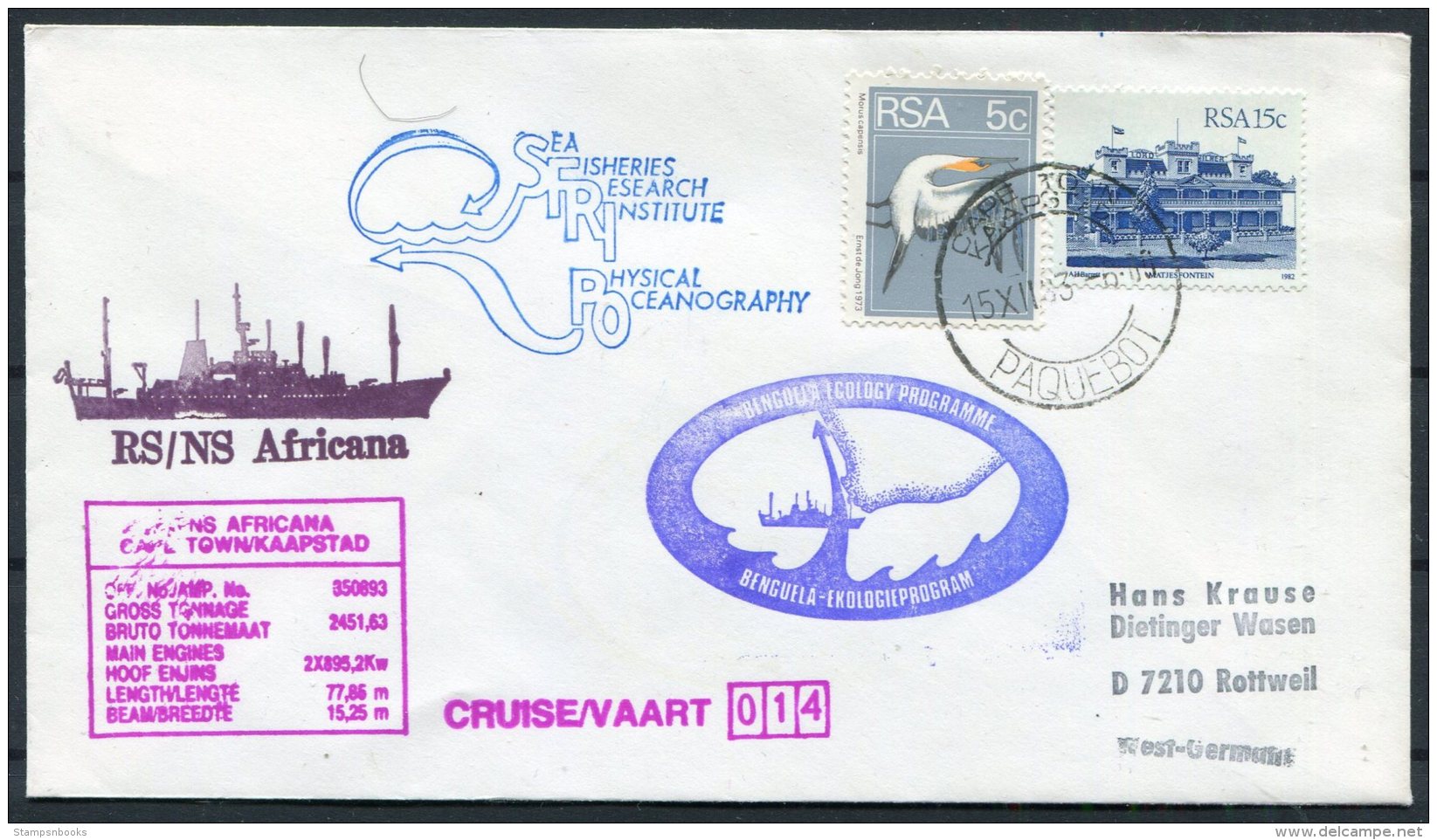 1983 South Africa Cape Town Paquebot Ship AFRICANA Cover. Sea Fisheries Research Institute - Research Programs