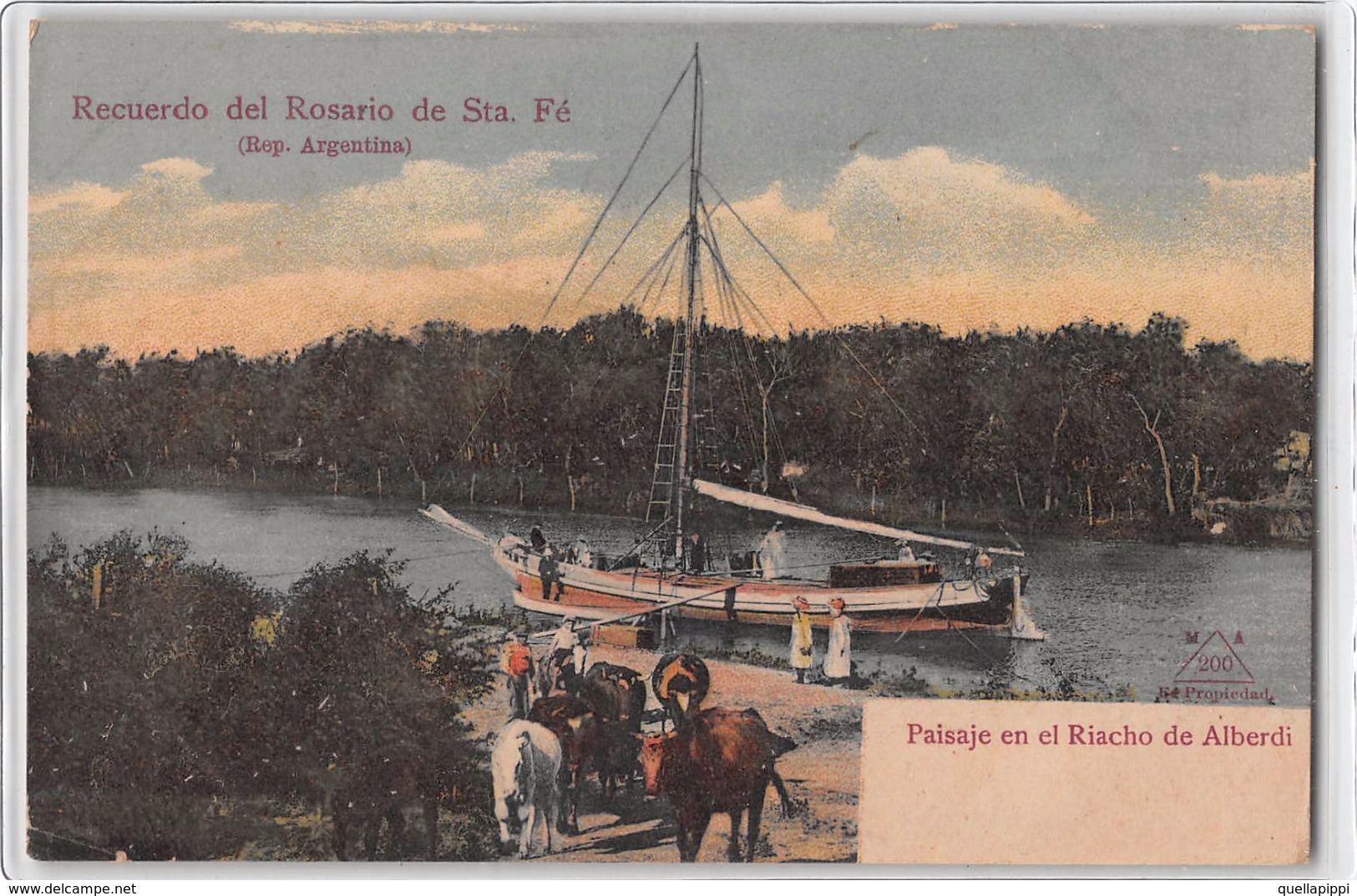 05388 "RECUERDO DEL ROSARIO DE S.TA FE' - PAISAJE EN EL RIACHO DE ALBERDI - 1890 CIRCA" ANIMATA, MUCCHE. CART NON SPED - Argentina