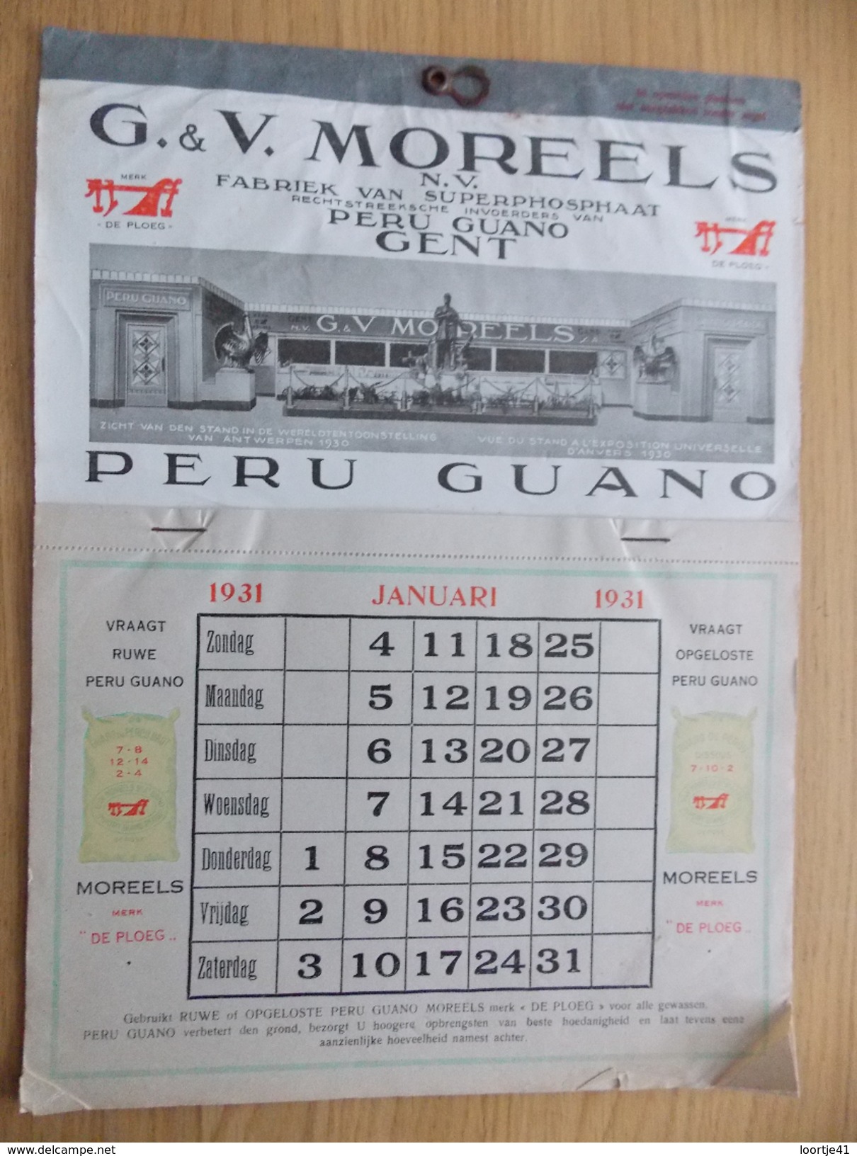 Kalender Calendrier 1931 - Pub Reclame Peru Guano Moreels Gent - Merk De Ploeg - Grand Format : 1921-40