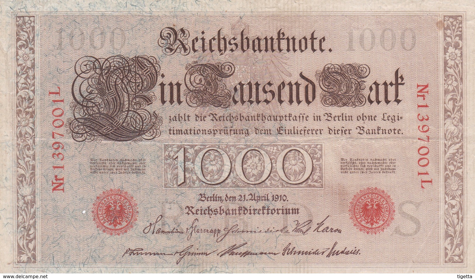 GERMANIA REICHSBANCONOTES  IMPERO TEDESCO  1000  MARK 1910 CIRCOLATA - 1.000 Mark