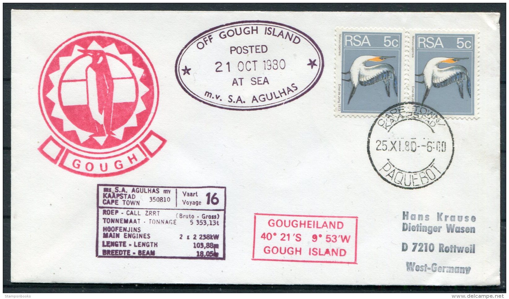 1980 South Africa Cape Town Paquebot AGHULAS Ship Polar Cover. Gough Island Penguin - Polar Ships & Icebreakers