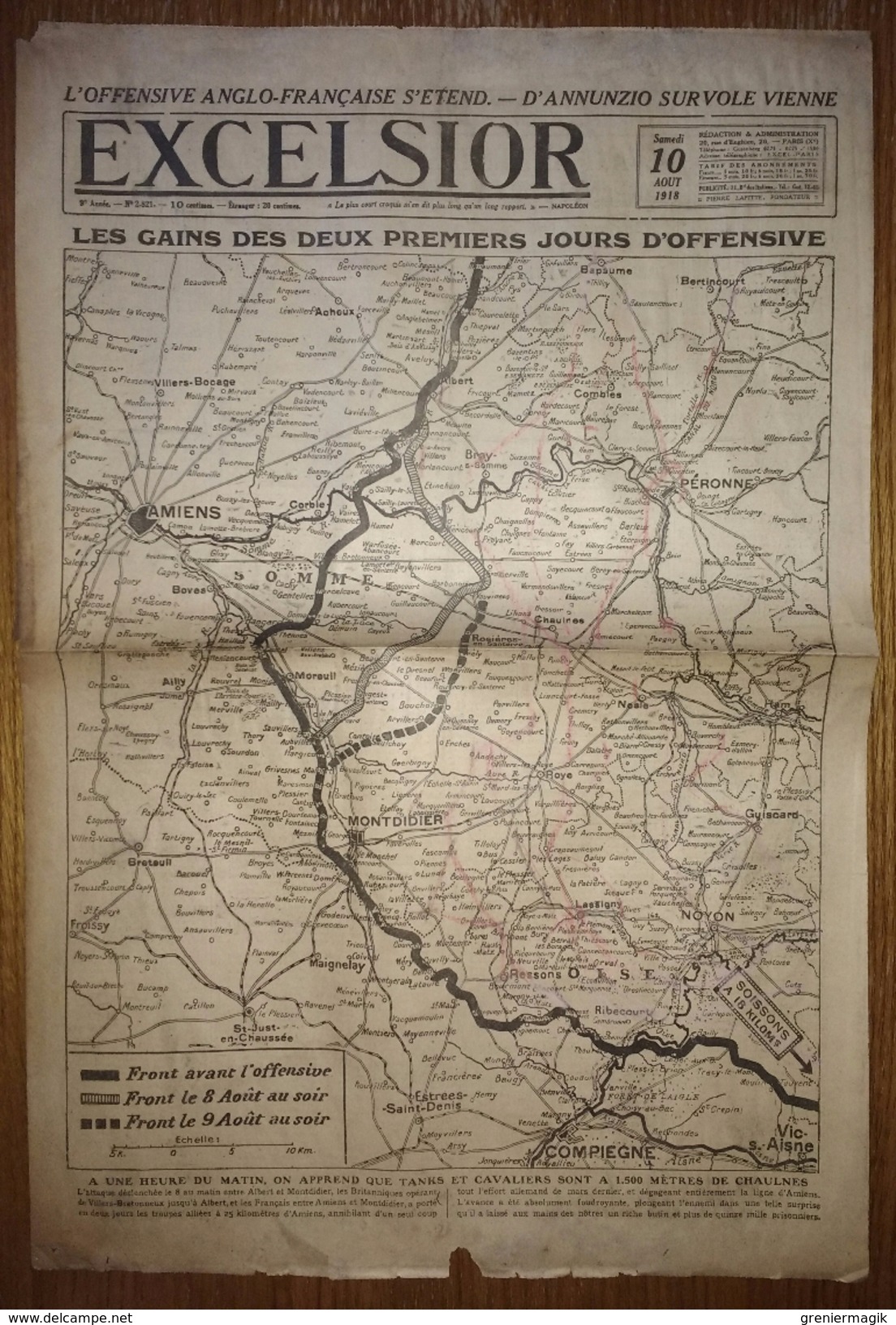 Excelsior 2821 10/08/1918 D'Annunzio Survole Vienne - Les Gains Des Deux Premiers Jours D'offensive (carte Du Front) - Andere & Zonder Classificatie