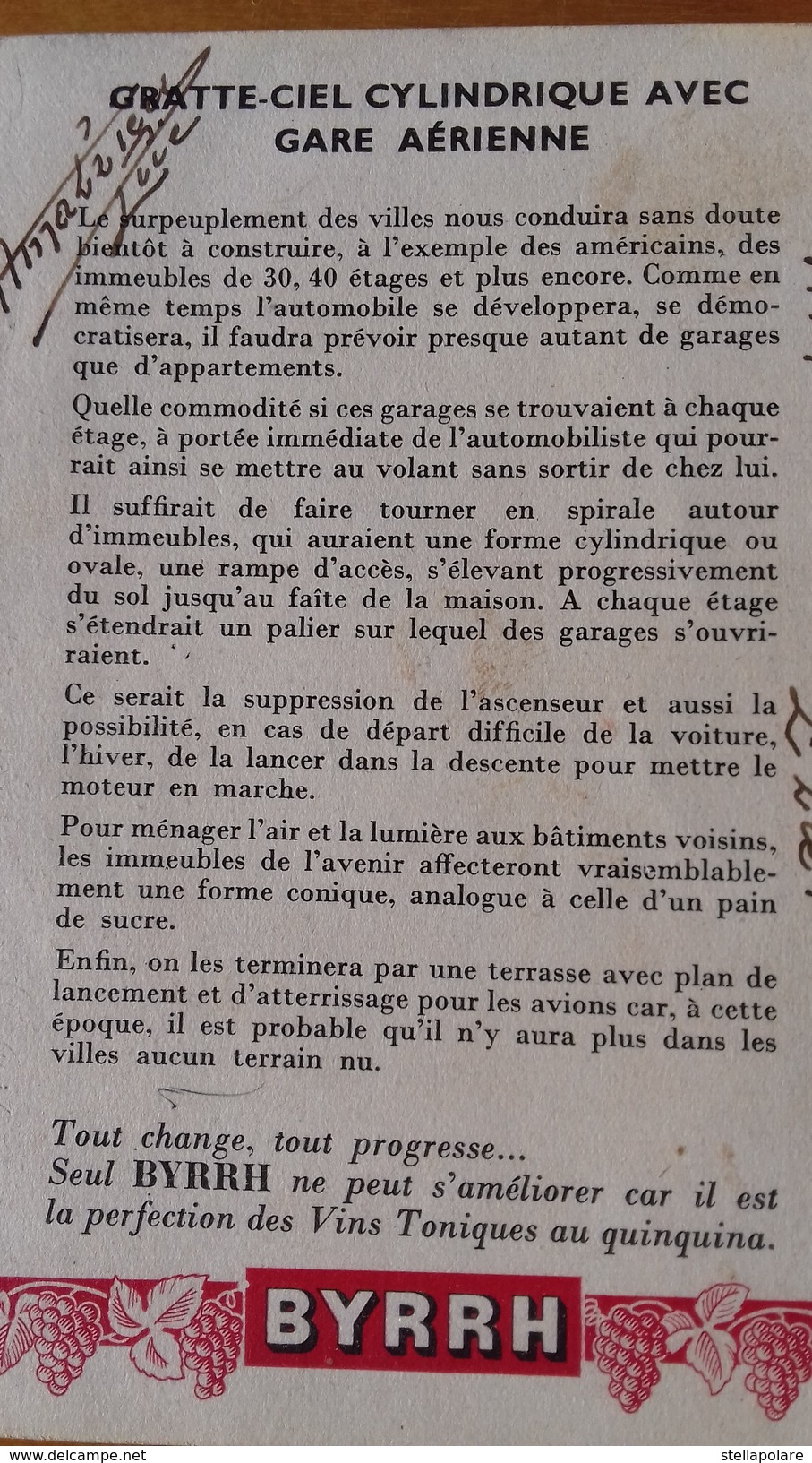 ANTICIPATION 1930 FRANCE - BYRRH # 15 - SKYSCRAPER WITH AIRPORT - SCI FI - Utopia -  Anticipation - Andere & Zonder Classificatie