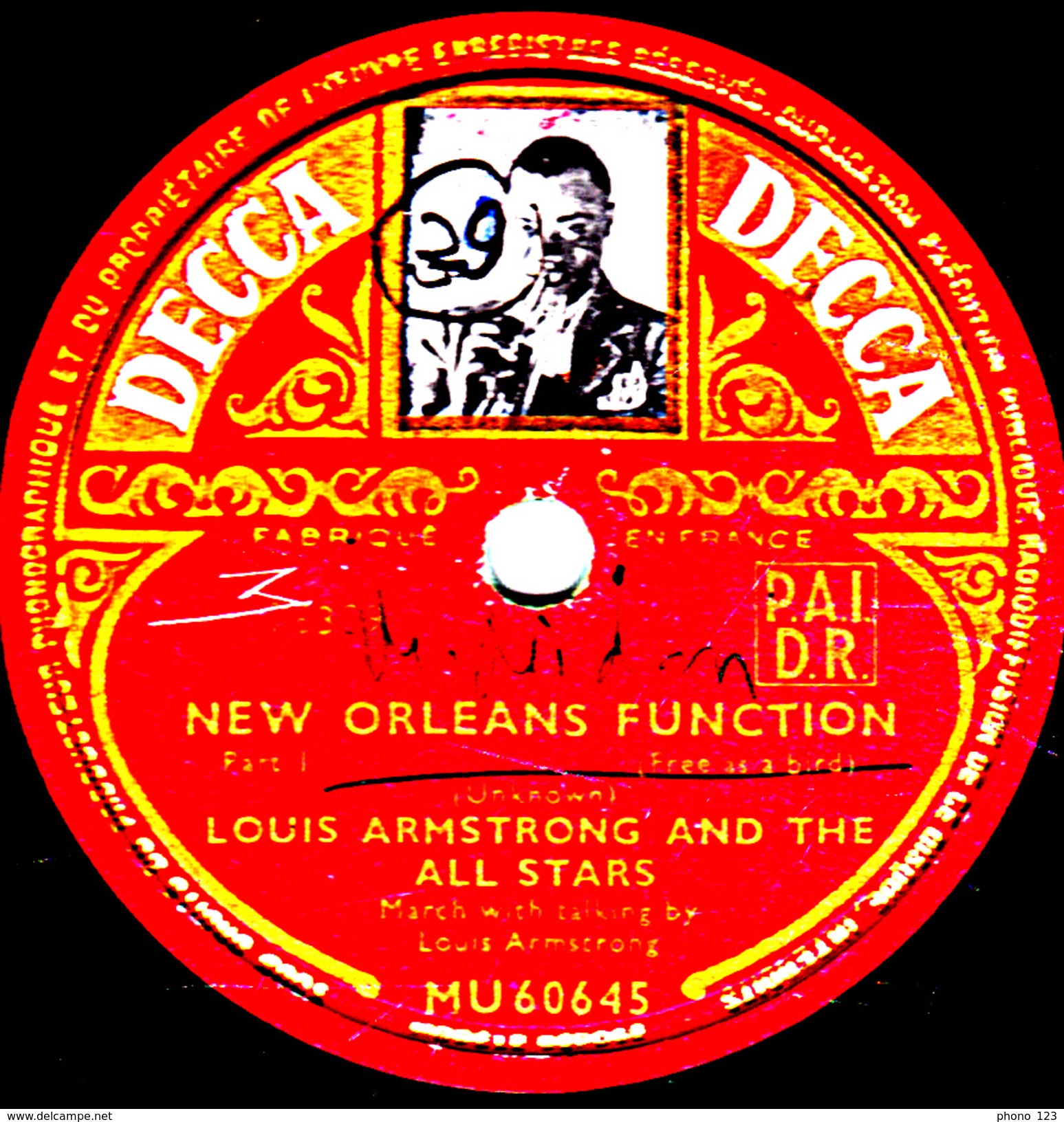 78 T. - 25 Cm - état TB -   LOUIS ARMSTRONG -  NEW ORLEANS FUNCTION - 78 T - Disques Pour Gramophone