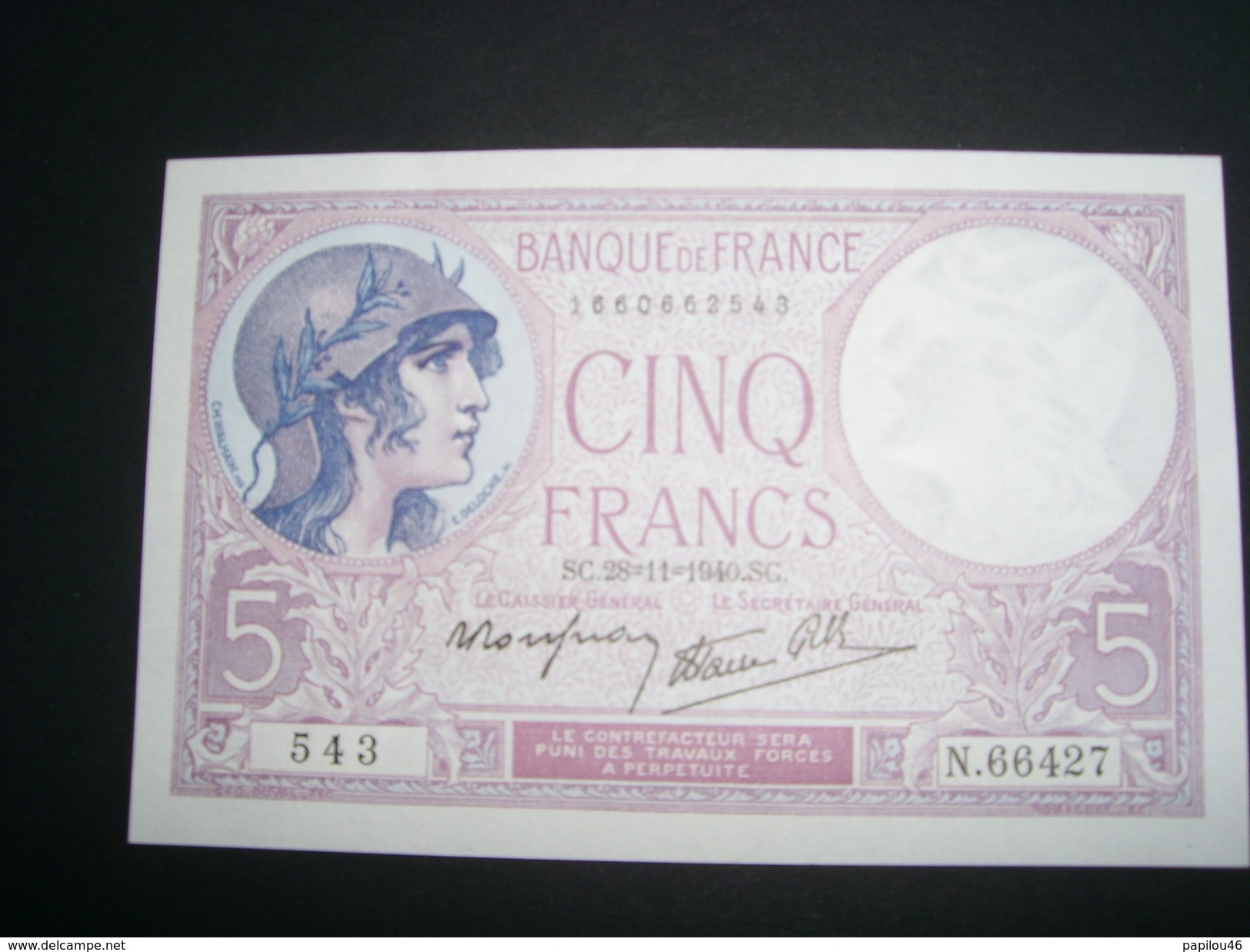 Billet NEUF 5F MINERVE / 28.11.1940 - 5 F 1917-1940 ''Violet''