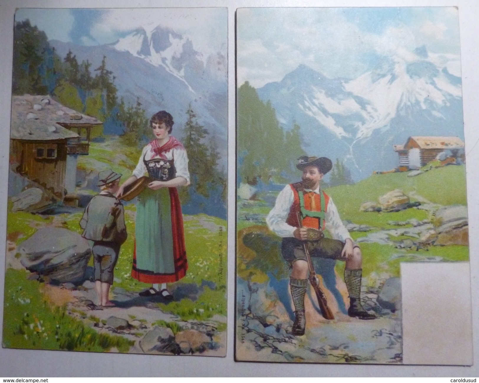 CPA PRECURSEUR 2X Litho ILLUSTRATEUR ALPENDUFT 1548 ET 49 HOMME FUSIL FEMME COSTUME FOLKLORE Fuert I Bayern Destelbergen - Verzamelingen & Kavels